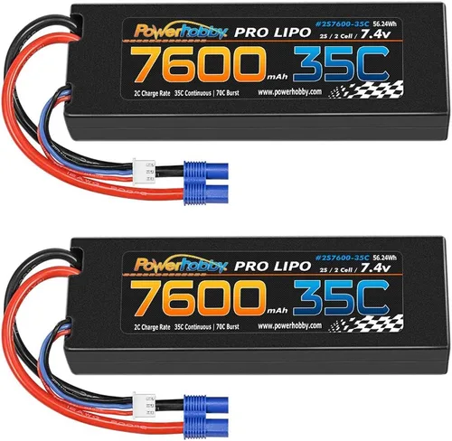 Vista 2 de Powerhobby 2s 7.4v 7600mah 35c Lipo batería con enchufe EC3 2 celdas (paquete de 2)