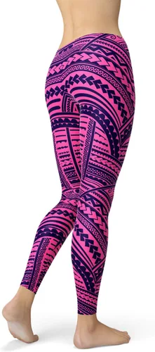 Vista 4 de Maori Tatuaje Leggings Tribal Polinesio Ta Moko Estampado Mediados Cintura Púrpura Pantalones