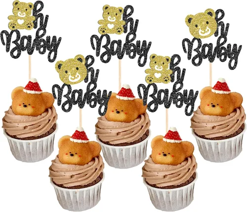 Vista 10 de Rsstarxi Paquete de 24 Adornos para Cupcakes We Can Bearly Wait con Purpurina de Oso para Baby Shower, Palillos Decorativos para Cupcakes