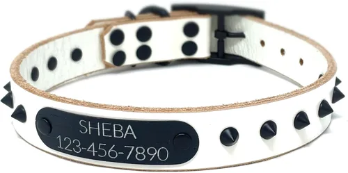 Vista 15 de Personalized Spiked Bridle Leather Dog Collar, Engraved Matte Black Metal Nameplate (Mustard Yellow)