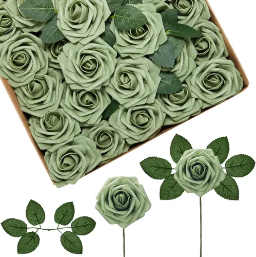 Vista 29 de InnoGear Flores artificiales, paquete de 50 unidades, rosas artificiales de espuma negras con tallos a granel para decoración, ramos de boda DIY