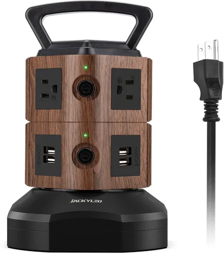 Vista 22 de Regleta de alimentación con protector de sobretensión de torre, JACKYLED 16 tomas 6 USB (2 USB C) estación de carga, cable de extensión con Negro