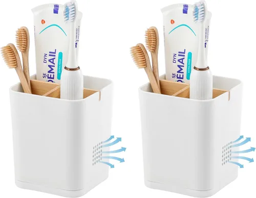 Vista 18 de Soportes para cepillo de dientes con drenaje para baños, soporte para cepillo de dientes de 4 ranuras con divisores de bambú, organizador de cepillo