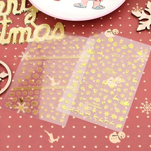 Vista 7 de 8 hojas de calcomanías de arte de uñas de copo de nieve, color blanco y dorado, calcomanías de uñas de Navidad autoadhesivas 3D, calcomanías de uñas