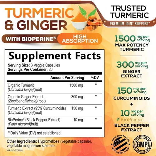 Vista 2 de Cúrcuma Curcumina con BioPerine & Jengibre 95% Curcuminoides 1950mg – Pimienta Negra para Absorción, Hecho en Estados Unidos, apoyo inmunológico