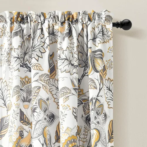 Vista 2 de Lush Decor Cynthia Jacobean - Par de paneles de cortinas para ventana con filtro de luz, 84" L x 52" A, amarillo y gris