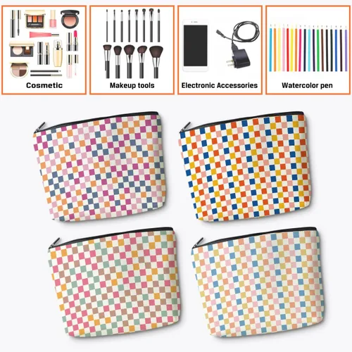 Vista 6 de Bolsa de maquillaje a cuadros retro colorida para mujeres, hermana, amiga, Navidad, cumpleaños, Cuadros 1250