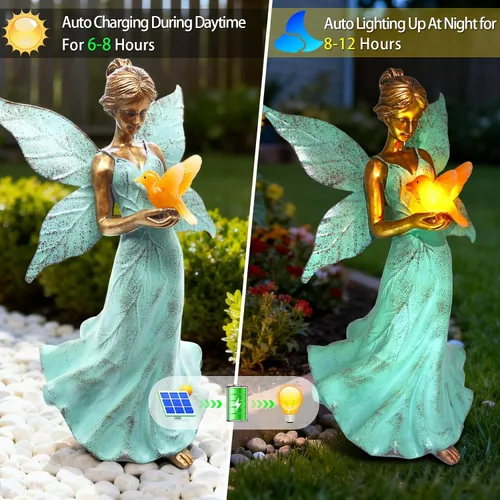 Vista 6 de Decoración solar de estatua de jardín de hadas, figura de resina de ángel de 10 pulgadas, impermeable, decoración del hogar con luces LED de colibrí
