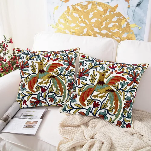 Vista 14 de Alysheer Juego de 2 fundas de almohada bordadas decorativas de verano de 18 x 18 pulgadas, funda de cojín de algodón con patrón de bordado de pájaro