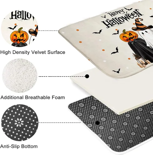 Vista 6 de Mocsicka Juego de cortinas de ducha de Halloween para baño, 4 piezas, fantasma, gato, calabaza, juegos de baño con alfombras antideslizantes