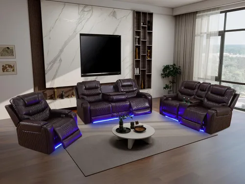 Vista 43 de Juego de sofá reclinable eléctrico, seccional de cuero transpirable beige, juego de muebles de sala de estar, 2 piezas, sofá reclinable eléctrico