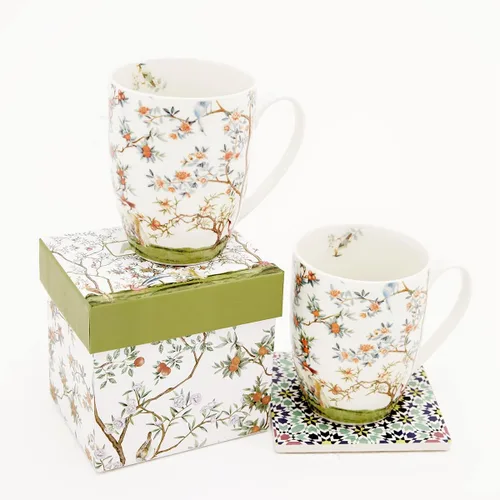 Vista 3 de ALYC Juego de Tazas de Café de Porcelana Fina – Diseño de Taza de Té con Pájaro y Flores de Rama – Paquete de 2 Tazas de Té de Porcelana con Caja