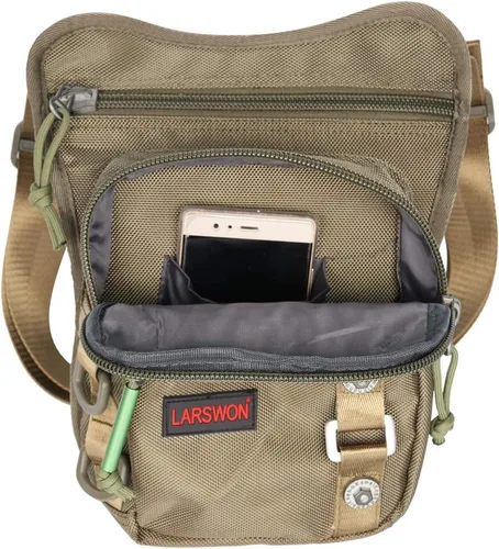 Vista 3 de Bolsa Cangurera Larswon con Ajuste en Muslo y Cintura, Riñonera Táctica, Bolsa para Motocicleta Impermeable A- Verde Ejército