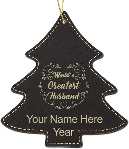 Vista 6 de LaserGram Personalized Christmas Ornament, World's Greatest Husband, Faux Leather, Custom Laser Engraved Gift Idea (Tree Shape, Dark Blue)