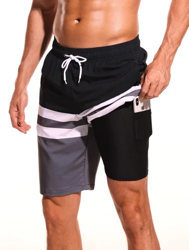 Vista 36 de Difficort - Traje de baño para hombre con forro de compresión, pantalones cortos de secado rápido con bolsillos con cremallera 1-a/ Rayas negras