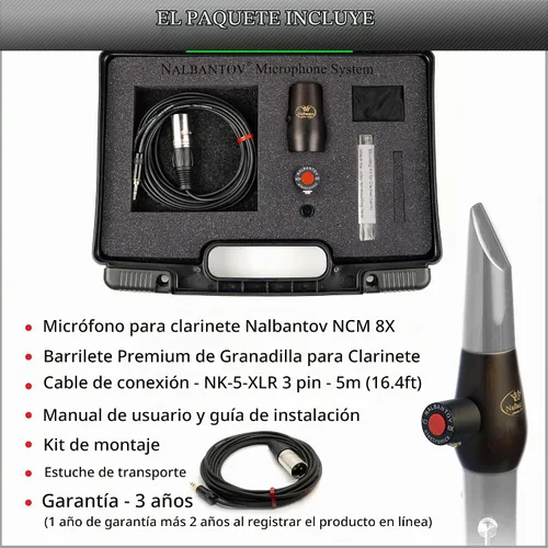 Vista 2 de Juego de micrófono para clarinete NCM 8X SC: sistema de recogida, barril de clarinete granadilla, cable y más