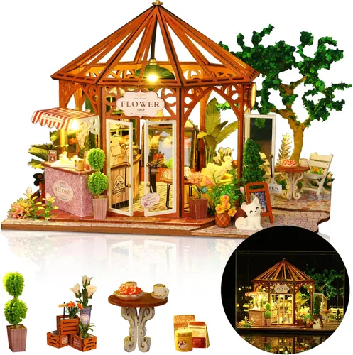 Vista 11 de Kit de casa en miniatura, pequeño restaurante japonés Sakura de madera 3D, kit de construcción de mini casa de muñecas con cubierta a prueba