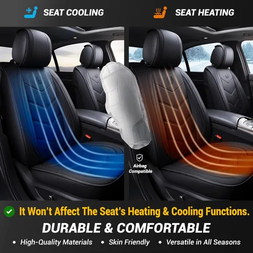 Vista 4 de OASIS AUTO OS-003, Fundas de cuero y tela para asientos de automóvil. Cubierta acojinada de cuero sintético para autos, SUV, camioneta Pick-up, Negro