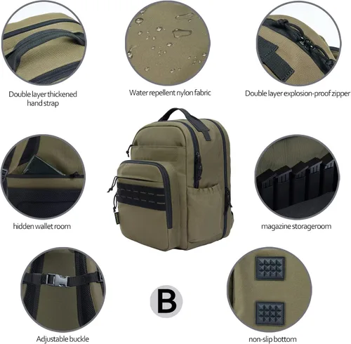 Vista 2 de Mochila de Campo de Tiro Bolsa de Polígono de Tiro para Pistolas y Municiones Fundas de Pistolas con Cremalleras con Cierre Antiexplosión, Táctica