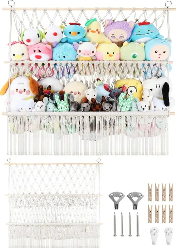 Vista 8 de Red de almacenamiento de animales de peluche de 2 niveles, 17 x 32 pulgadas, organizador grande de animales de peluche para pequeños rellenos