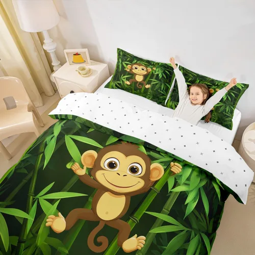 Vista 2 de Erosebridal Juego de funda de edredón con diseño de hojas y mono para niños, funda de edredón de animales divertidos, tamaño individual para niños