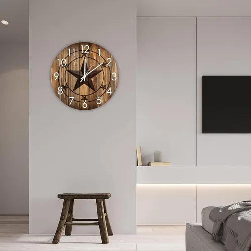 Vista 5 de Reloj de pared redondo de madera con estrella de Texas occidental, silencioso a pilas, funciona con pilas, decoración del hogar para sala de estar
