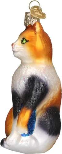 Vista 4 de Old World Christmas - Adorno de gato calico de vidrio soplado para árbol de Navidad, decoración festiva hecha a mano, colección de gatos