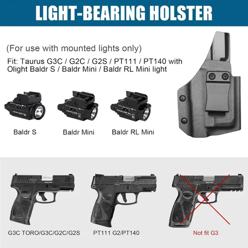 Vista 2 de IWB Kydex Holster for Taurus G3C/ G2C/ G3C Toro/ G2S/ PT111/ PT140 w/Olight Baldr S/Baldr Mini/Baldr RL Mini, Optic Cut, Adj. Retention & Cant