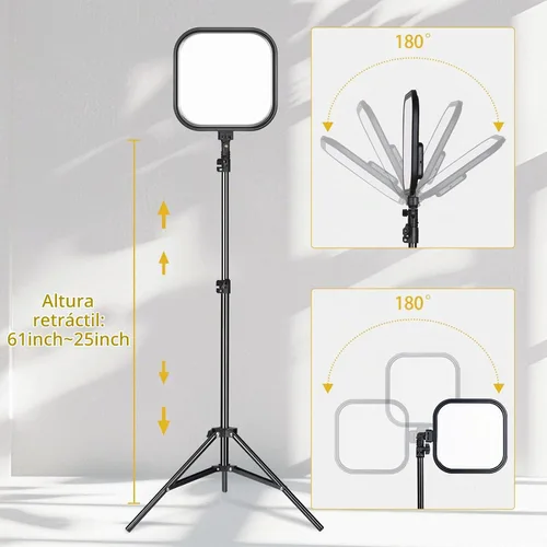 Vista 5 de Paquete de 2 luces LED de video, luz de estudio de 15 W, temperatura de color de 2500-8500 K con soporte de trípode y soporte para teléfono