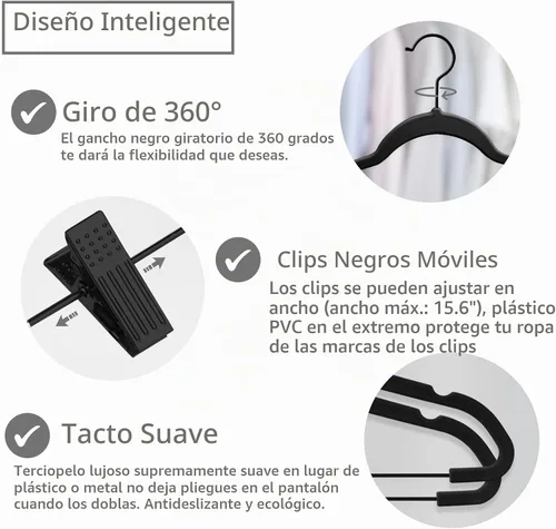 Vista 2 de MIZGI - Perchas premium de terciopelo negro para pantalones con clips ajustables (paquete de 20) Perchas delgadas para faldas - Perchas Negro/Negro