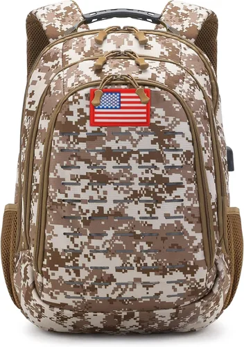 Vista 10 de Mochila de camuflaje, pequeña mochila táctica para exteriores, mochilas militares para niños adolescentes para la escuela con puerto de carga USB