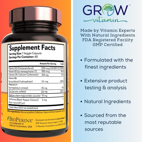 Vista 5 de grow vitamin Aceite D3 K2 con MCT - 10,000 UI D3, 100 mcg K2 MK7, calcio, zinc, bioperina, magnesio para una absorción superior - 60 cápsulas