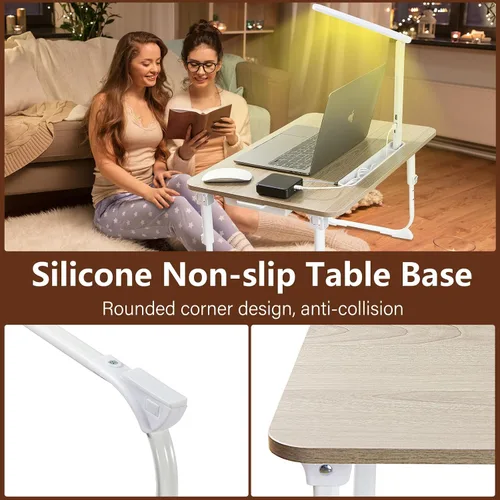 Vista 4 de Escritorio para computadora portátil para cama con luz de escritorio LED, mesa ajustable para tableta con patas plegables, cajón de almacenamiento