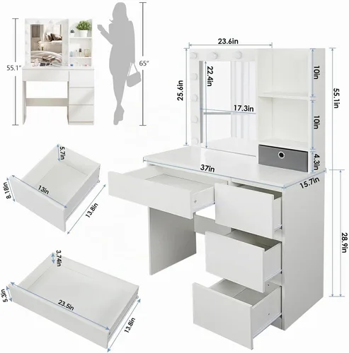 Vista 6 de Vabches Tocador de maquillaje con luces, escritorio de tocador de 37 pulgadas, cómoda de 4 cajones grandes con espejo iluminado, 3 modos de Blanco
