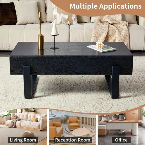 Vista 8 de Mesa de Centro Rectangular de 47.24", Mesa de Centro de Madera con Tablero de 7.8" de Grosor, Patas de Metal, Esquinas Redondeadas para Sala