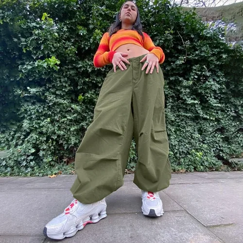Vista 4 de Pantalones cargo holgados para mujer, de cintura baja, holgados, de pierna ancha, con cordones de cincha, pantalones deportivos hippie, ropa de calle