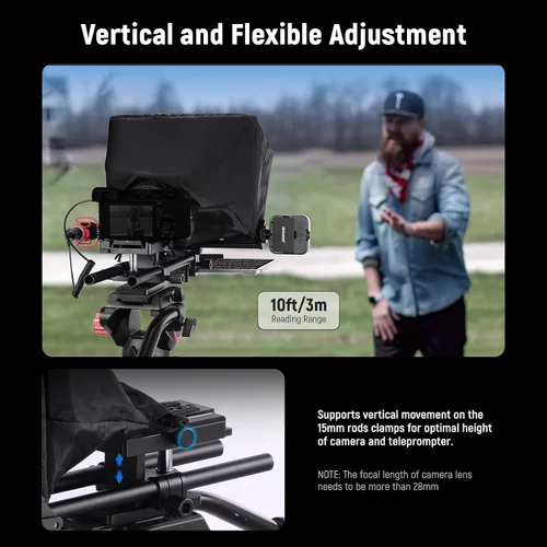 Vista 4 de Neewer Teleprompter C12 Diseño modular con abrazadera de varilla LWS de 0.591 in, control remoto RT113, control de aplicación, divisor de haz de 12