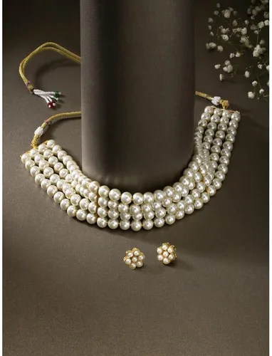 Vista 4 de Aheli Gargantilla con cuentas de perlas y aretes para mujer, juego de joyas tradicionales indias de Bollywood