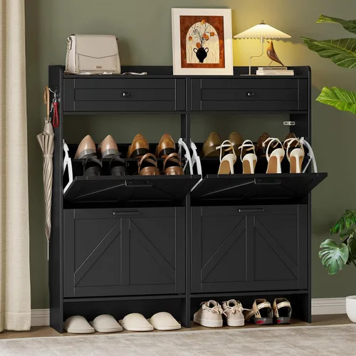 Vista 27 de BORNOON Gabinete de Almacenamiento de Zapatos para Entrada, Gabinete Estrecho de Zapatos Estilo Granja con 2 Cajones Abatibles y Cajones Superiores
