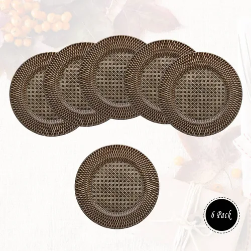 Vista 2 de Spsyrine Platos de carga rústicos de plástico de ratán sintético, juego de 6 elegantes cargadores de platos redondos para cenas, decorativos