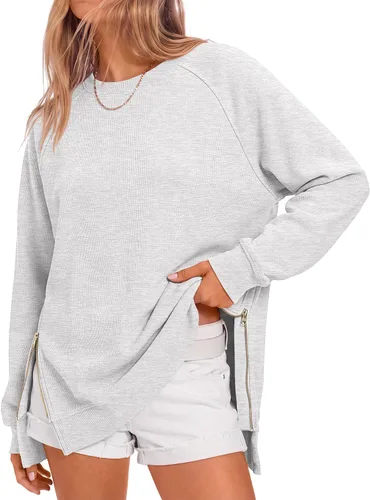 Vista 13 de ANRABESS - Sudadera de gran tamaño para mujer, cuello redondo, manga larga, tipo túnica, con cremallera lateral, sudadera con capucha, suéter