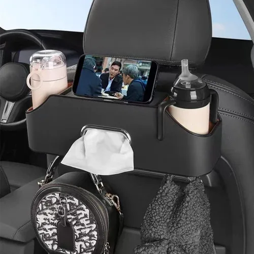 Vista 8 de Organizador de respaldo de asiento de automóvil, organizador de asiento trasero de automóvil y almacenamiento con 2 soportes para vasos de bebidas