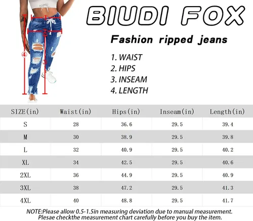 Vista 7 de BIUDI FOX Jeans rasgados estilo boyfriend para mujer, cintura alta, elásticos, pantalones de mezclilla destruidos, talla grande