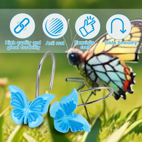 Vista 6 de AGPTEK Ganchos para cortina de ducha, ganchos decorativos de mariposa para baño, habitación de bebé, dormitorio, decoración de sala de estar (azul)