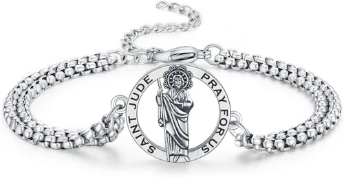 Vista 106 de Pulsera unisex de San Miguel/Cristóbal/Benedicto/Jude/José/Guadalupe/Ángel de la Guarda/Santa Muerte Pulsera de plata de ley 925 con cadena de doble