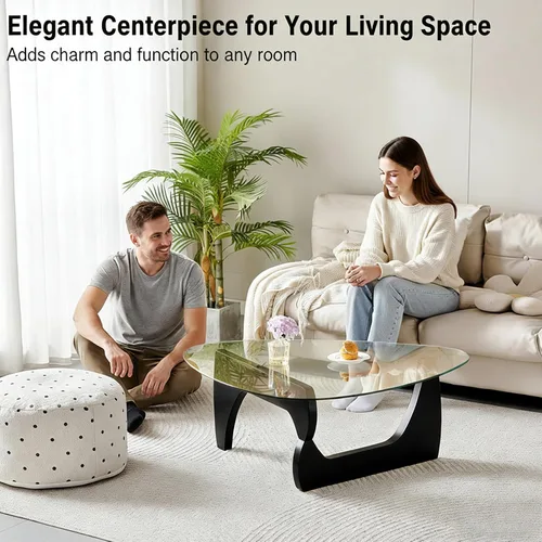 Vista 3 de Mesa de centro moderna para sala de estar, mesa central negra minimalista de 35.8 pulgadas con vidrio templado triangular y patas sólidas