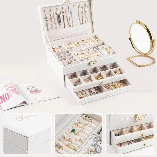 Vista 6 de Joyero de 3 capas, cajas grandes de joyería para mujeres, organizador y almacenamiento, estilo moderno, blanco y dorado, regalos de Navidad
