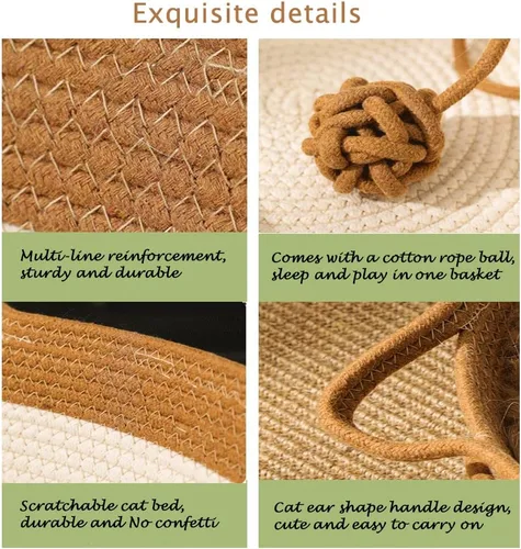 Vista 4 de Cama para gatos de cuerda de algodón tejida a mano, transpirable y fácil de limpiar, hamaca plegable para rascar con diseño de orejas de gato