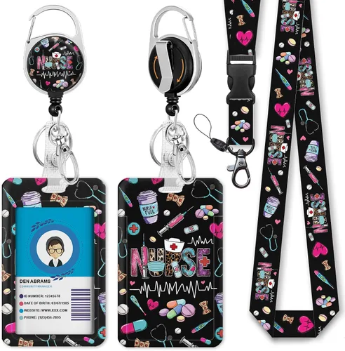 Vista 38 de Cordones negros para insignias de identificación, soporte retráctil para insignias de trabajo, cordón con soporte para tarjeta de crucero, llavero