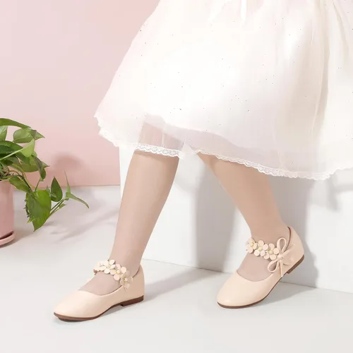 Vista 2 de PANDANINJIA Zapatos de vestir para niñas pequeñas, zapatos planos de flores con perlas, lazo Mary Jane, zapatos de flora para fiesta de boda